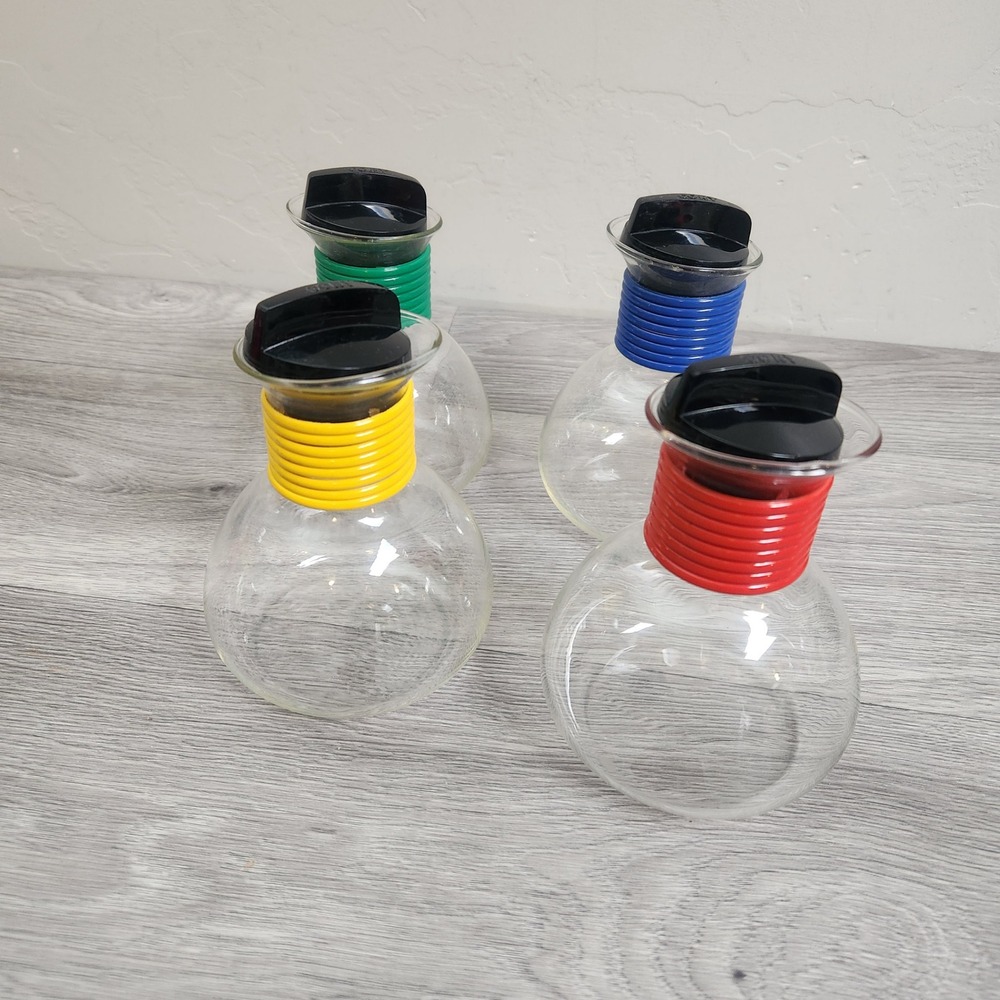 Vintage Cory MGS Glass Hottle Pitchers Cruets 4 Set Colorful Retro Kitchenware